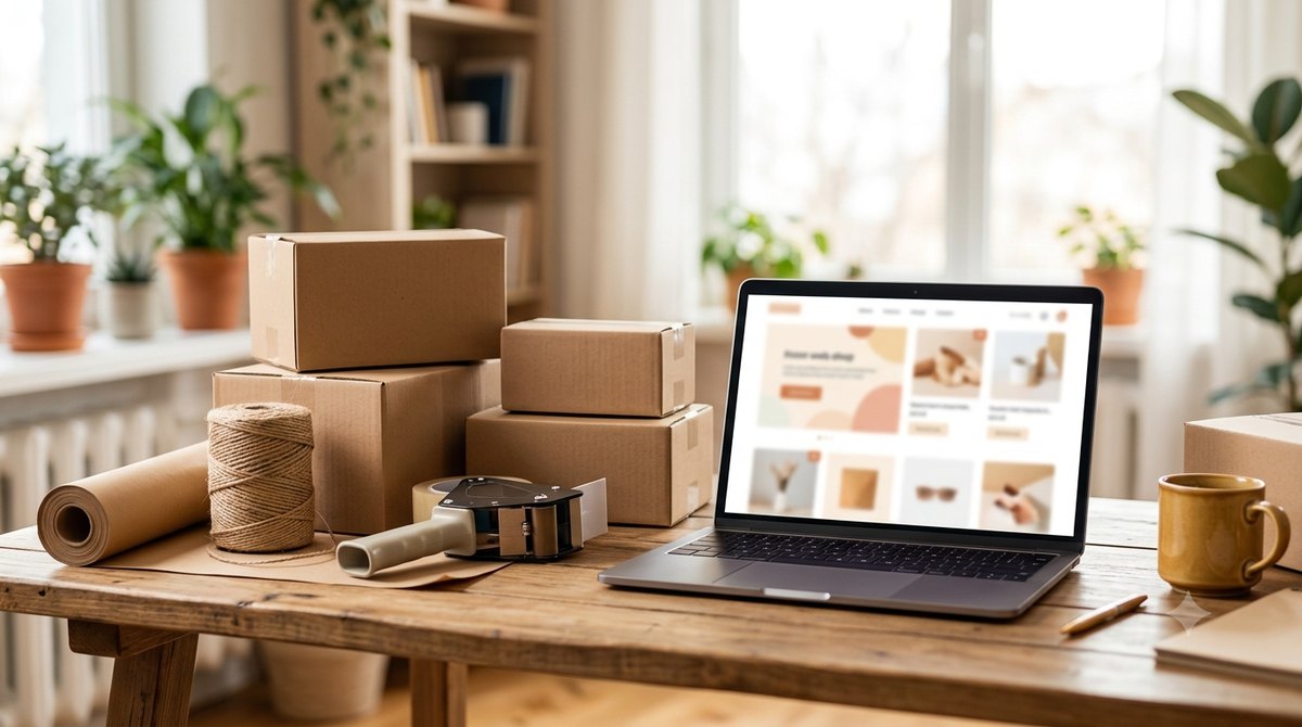 Webshop indítás: csomagolódobozok és laptop egy fa asztalon, a képernyőn webáruház felülete