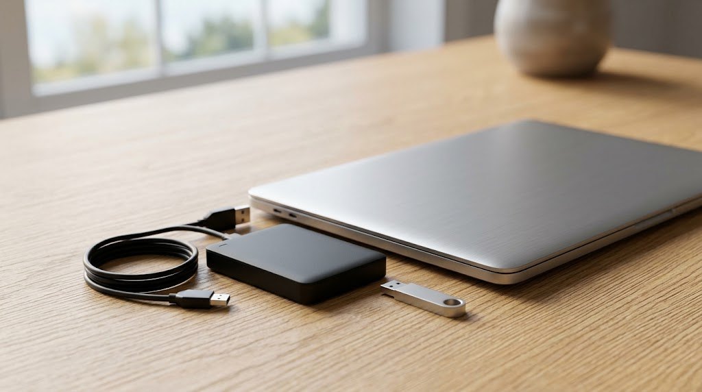 Adatmentés: külső merevlemez és pendrive egy faasztalon, mellette csukott laptop és feltekert kábel