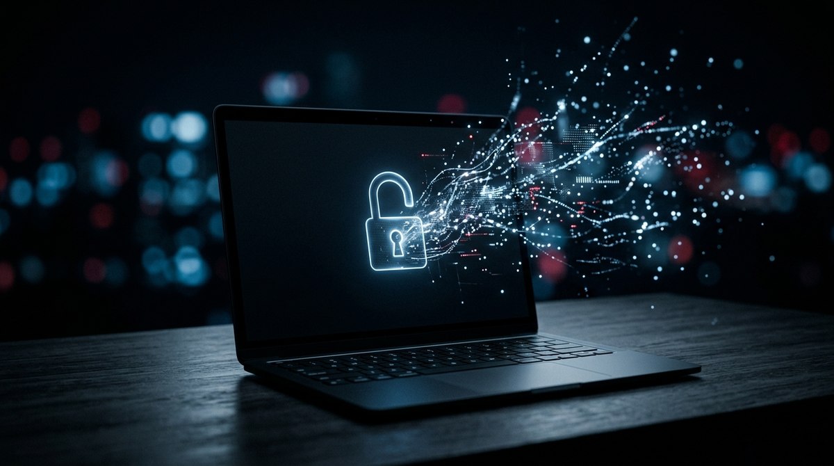 Laptop képernyőjéről kiáramló adatszemcsék egy nyitott lakat körvonalából