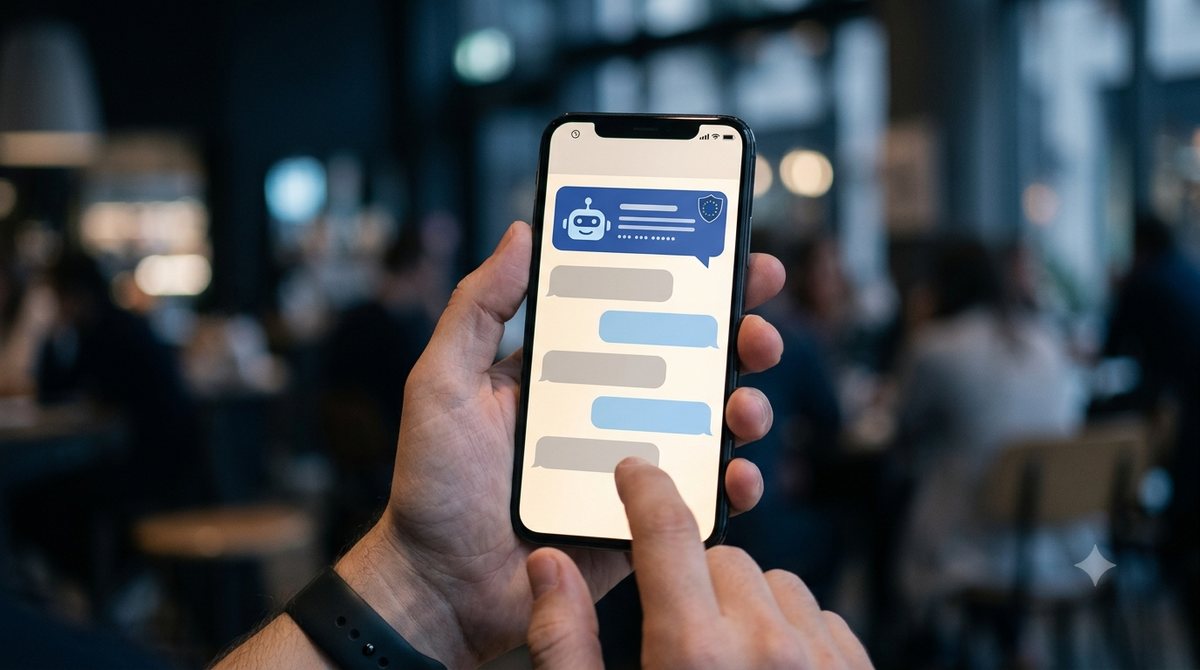Kézben tartott okostelefon chatalkalmazással, a képernyő tetején robot ikon és európai uniós jelzés mutatja, hogy a beszélgetőpartner mesterséges intelligencia