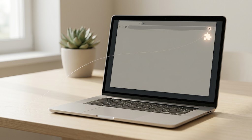 Böngészőbővítmény: nyitott laptop üres böngészőablakkal, a sarokban halványan világító kiegészítő ikonnal