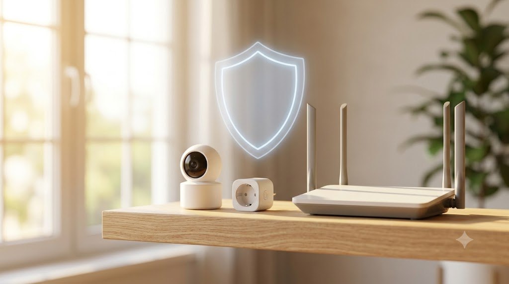 Cyber Resilience Act: okoskamera, okoskonnektor és wifi router egy polcon, felettük pajzs szimbólum