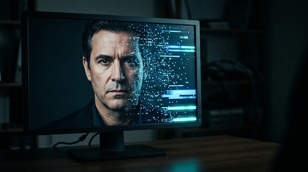 Monitoron egy arc, amelynek egyik fele digitális képpontokra bomlik – deepfake