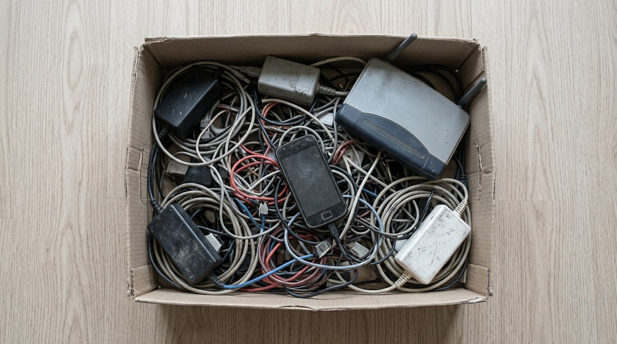 Kartondoboz tele régi töltőkábelekkel, tápegységekkel és egy régi telefonnal
