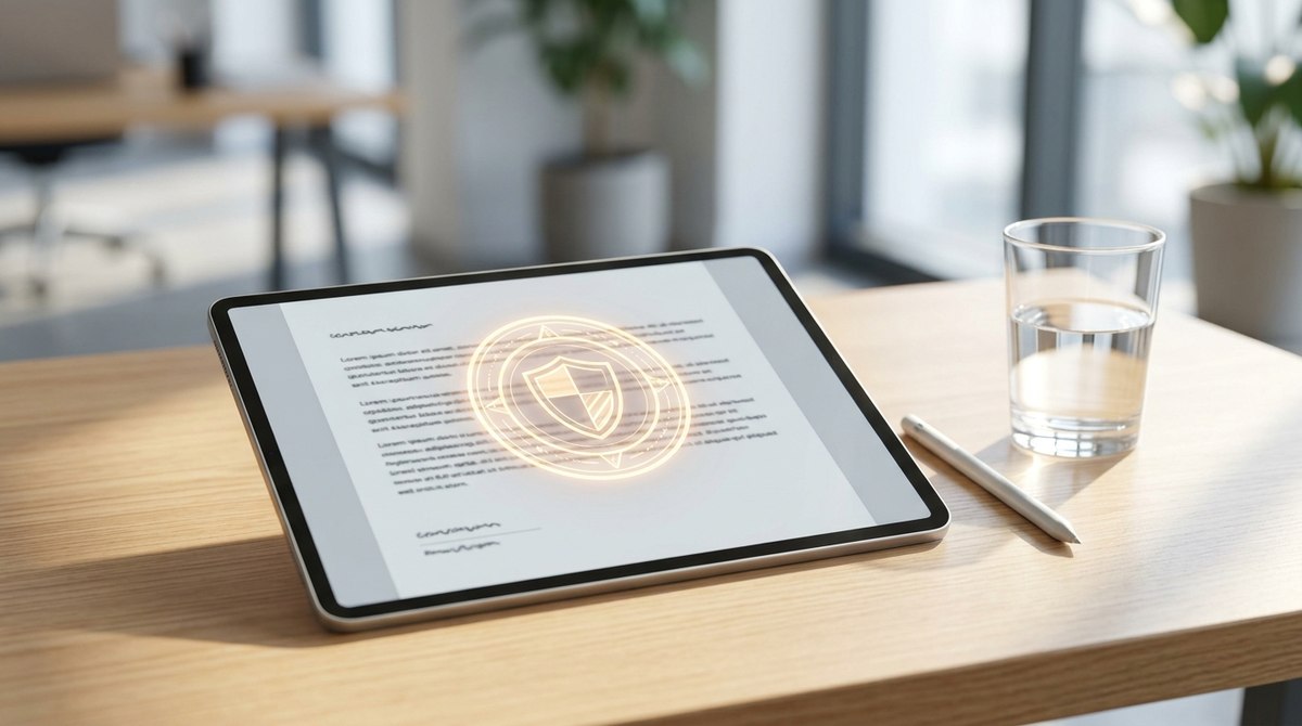 Tableten megnyitott dokumentum világító hitelesítő pecséttel