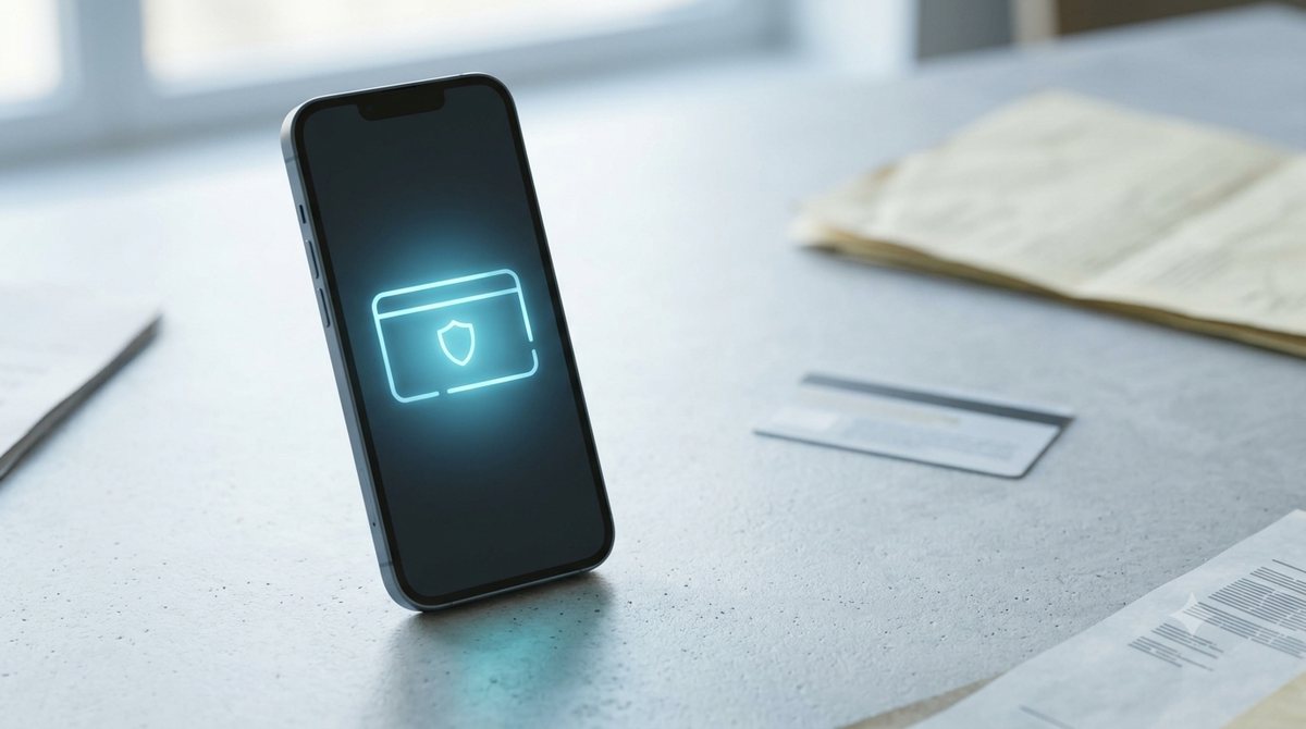 Digitális személyazonossági tárca a telefonon: világító digitális igazolvány és pajzs szimbólum a kijelzőn