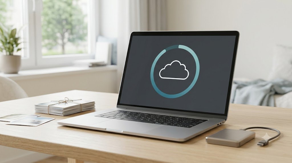 Google tárhely megtelt: laptop képernyőjén felhő ikon majdnem teli jelzéssel, mellette fotók és külső merevlemez
