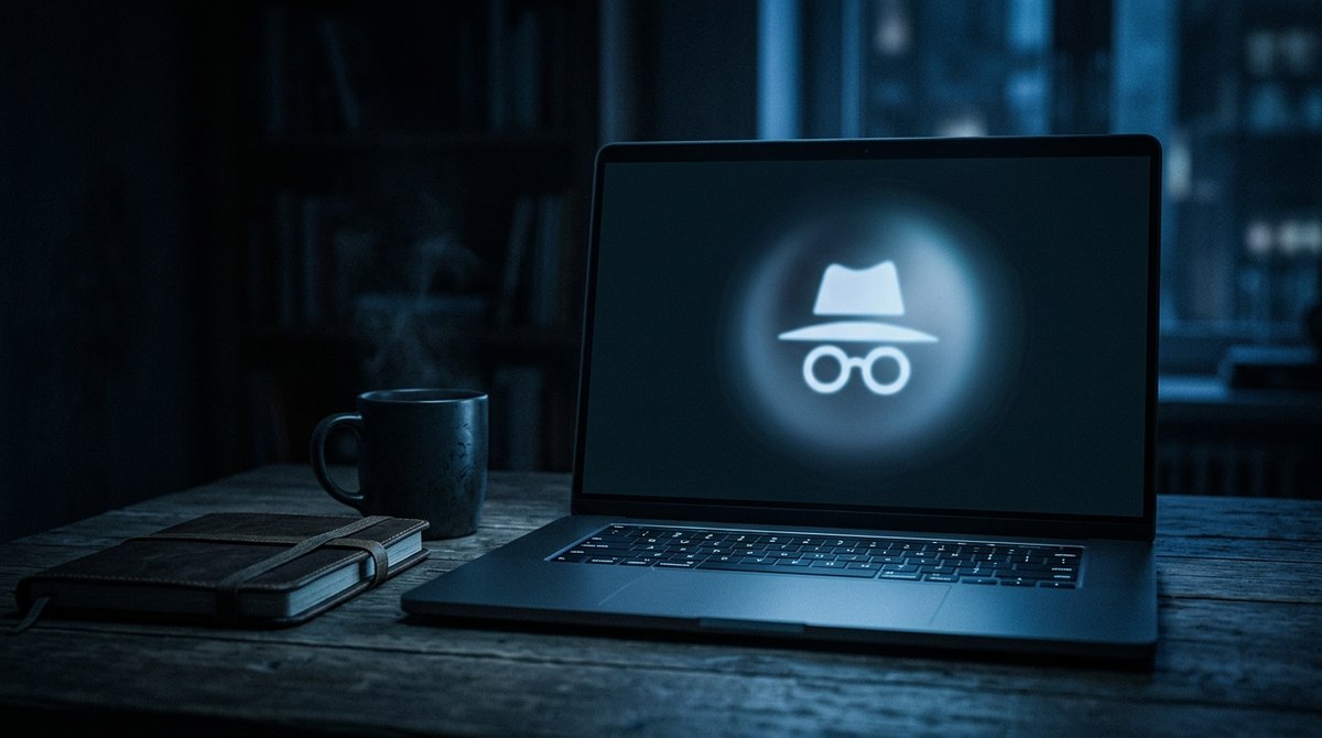 Sötét szobában nyitott laptop, a képernyőn világító kalap és szemüveg szimbólum