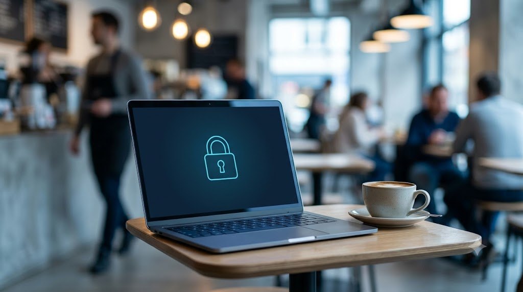 VPN nyilvános wifin: laptop lakat ikonnal egy kávézó asztalán, háttérben vendégek