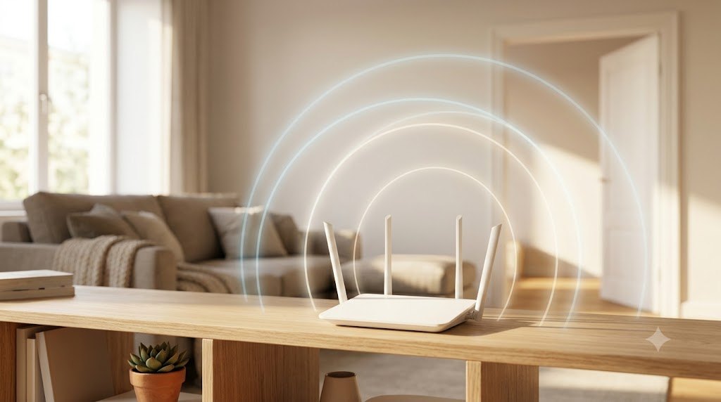 Lassú wifi: fehér router a nappali polcán, körülötte halványuló jelgyűrűkkel