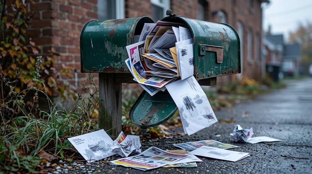 Reklámokkal teletömött postaláda, amelynek nem záródik az ajtaja