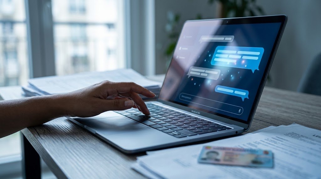 Kéz tétovázik a laptop billentyűzetén, a képernyőn chatbot felülete