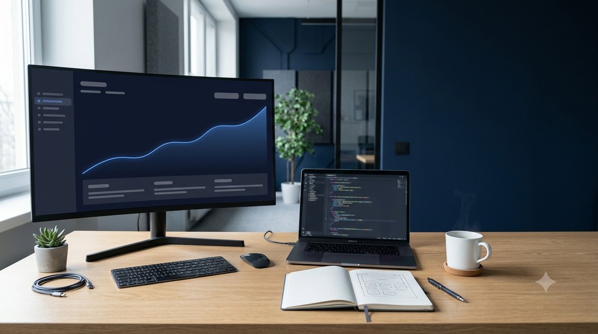Webfejlesztés munka közben: monitor emelkedő látogatottsági grafikonnal, laptopon kóddal és jegyzetfüzetben weboldal-vázlattal