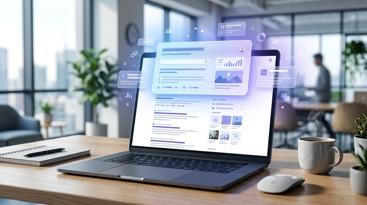 AI Overviews válaszdoboz egy laptop képernyőjén a Google keresési találatok tetején