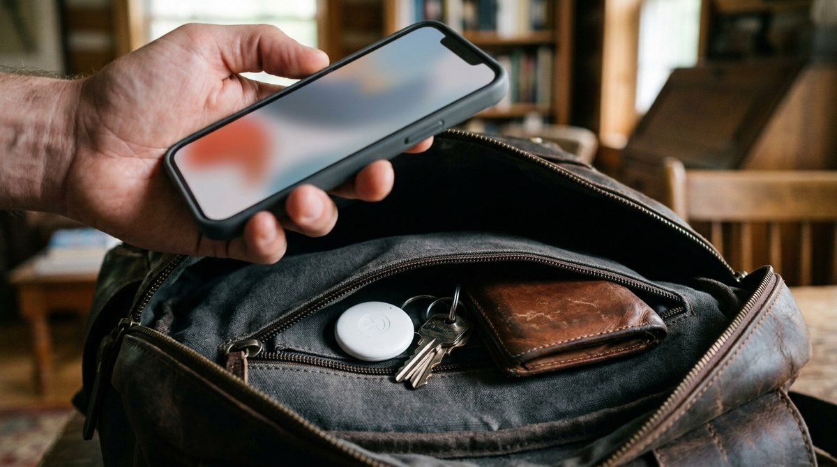 Bluetooth nyomkövető korong egy hátizsák zsebében, mellette telefon figyelmeztető értesítéssel