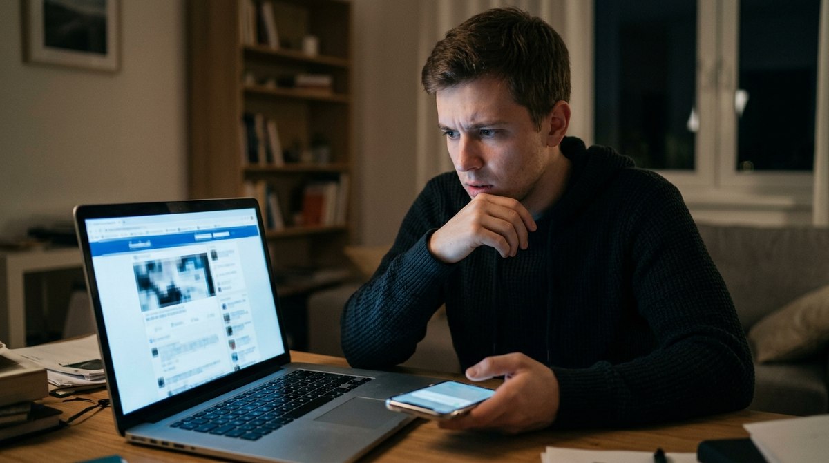 Feltört fiók: aggódó férfi nézi a laptop képernyőjét telefonnal a kezében