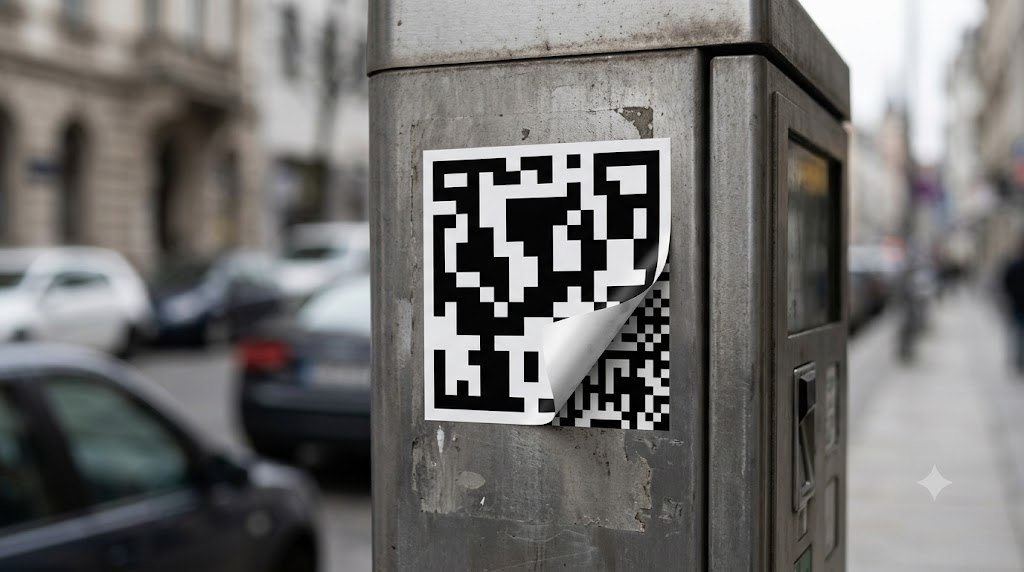 QR-kódos csalás: felpöndörödő sarkú matrica egy fém parkolóautomatán, alatta egy másik kód
