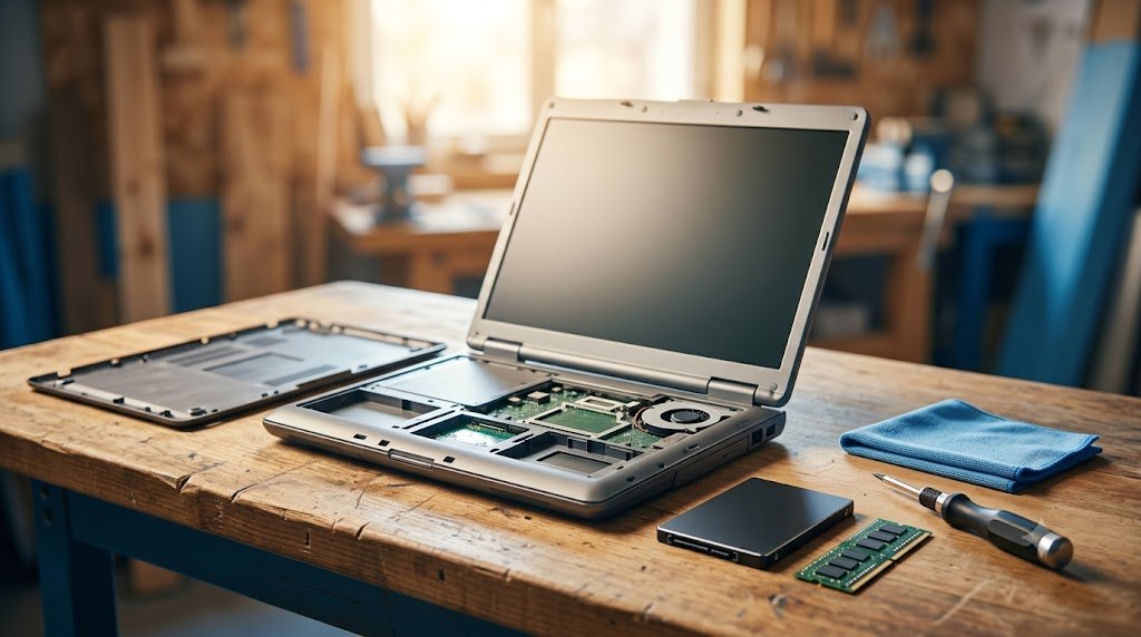Régi laptop szétszedve faasztalon, mellette SSD, memóriamodul és csavarhúzó