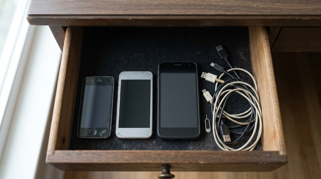 Régi telefon: három használt okostelefon egy nyitott íróasztalfiókban, mellette összegabalyodott töltőkábelek