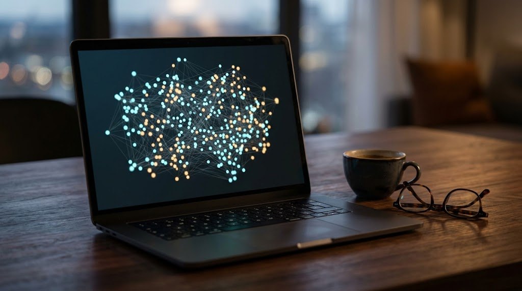 Reklámprofil: laptop képernyőjén világító pontokból és vonalakból álló absztrakt hálózat egy sötét faasztalon