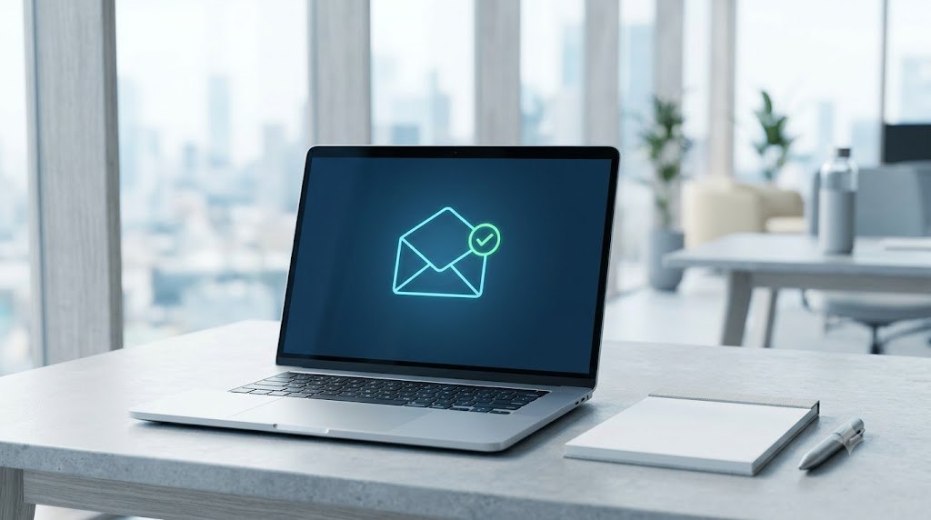 DMARC és e-mail hitelesítés: laptop képernyőjén pipával jelölt boríték ikon egy világos irodai asztalon