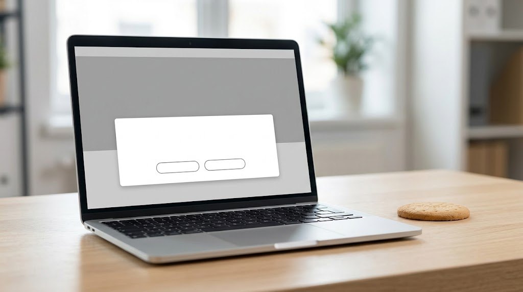 Sütibanner: laptop képernyőjén üres felugró panel két egyforma gombbal, mellette egy keksz az asztalon