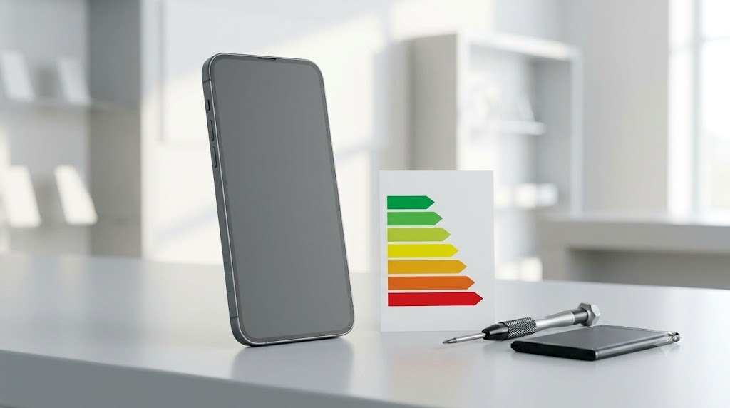 Energiacímke a telefonokon: okostelefon egy bolti pulton, mellette színkódos skála, csavarhúzó és tartalék akkumulátor