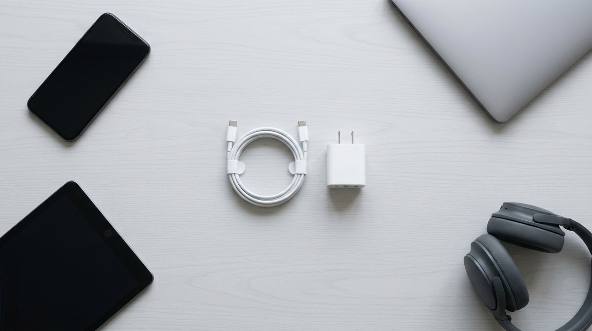 Feltekert USB-C kábel és töltő az asztalon, körülötte telefon, tablet, laptop és fejhallgató