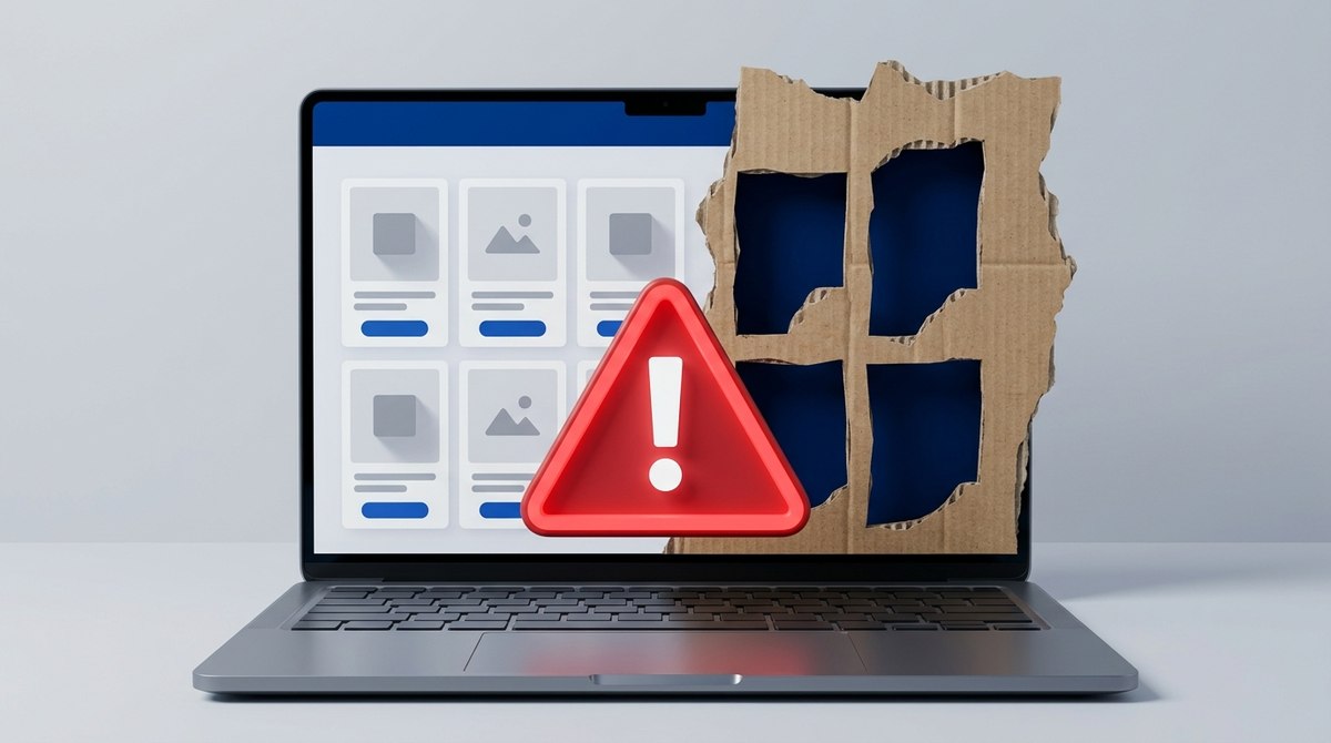 Hamis webshop: laptop képernyője kartondíszletként, előtte piros figyelmeztető háromszög